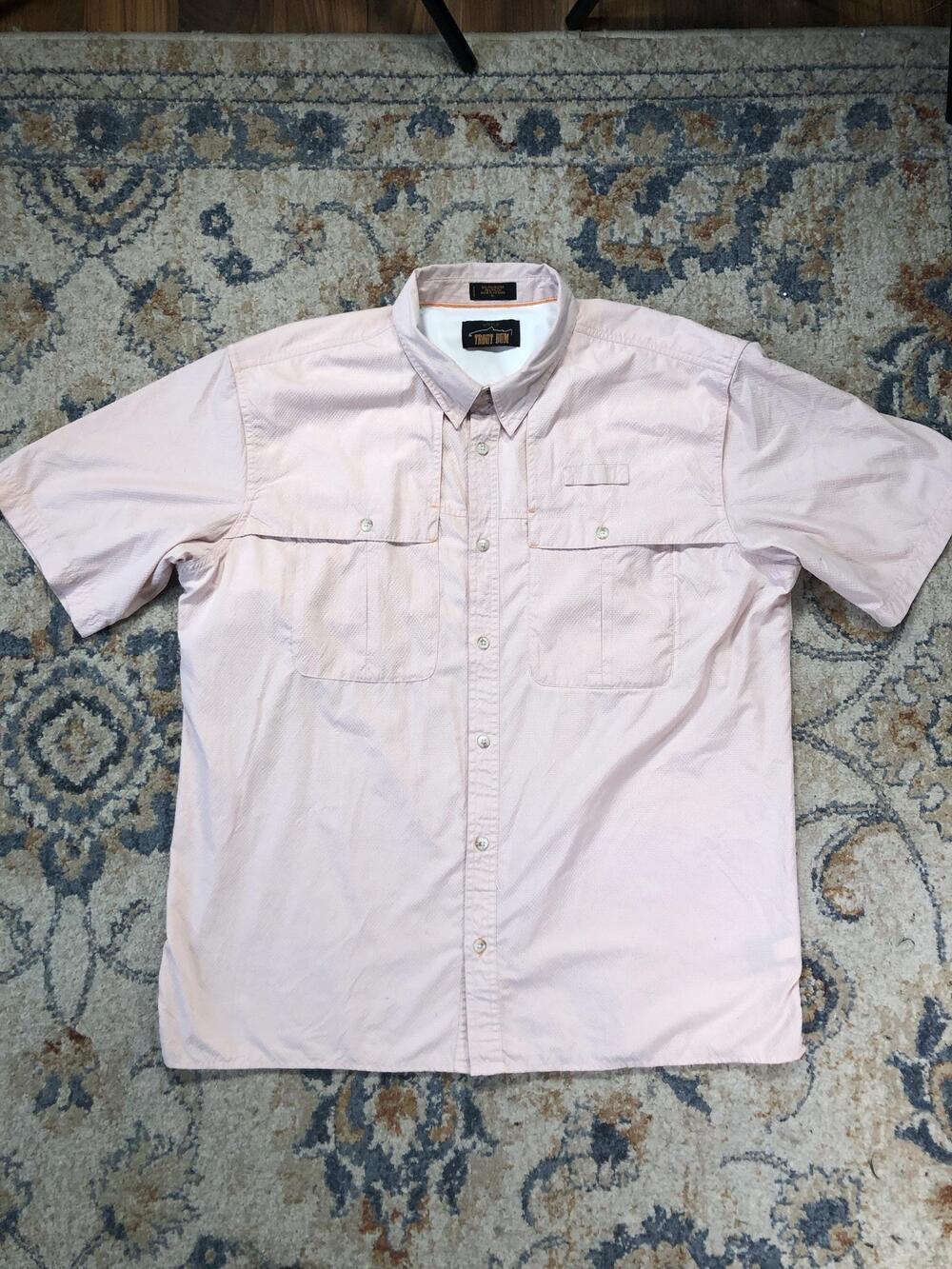 Orvis Trout Bum Shirt Mens XL Pink Check Short Sleeve Button Up Fishing Outdoor